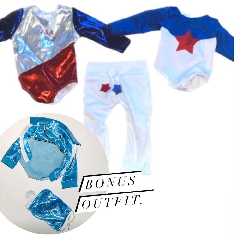 Doll clothing leotards sweat pants and a scrunchie grips sweatshirt and bag.